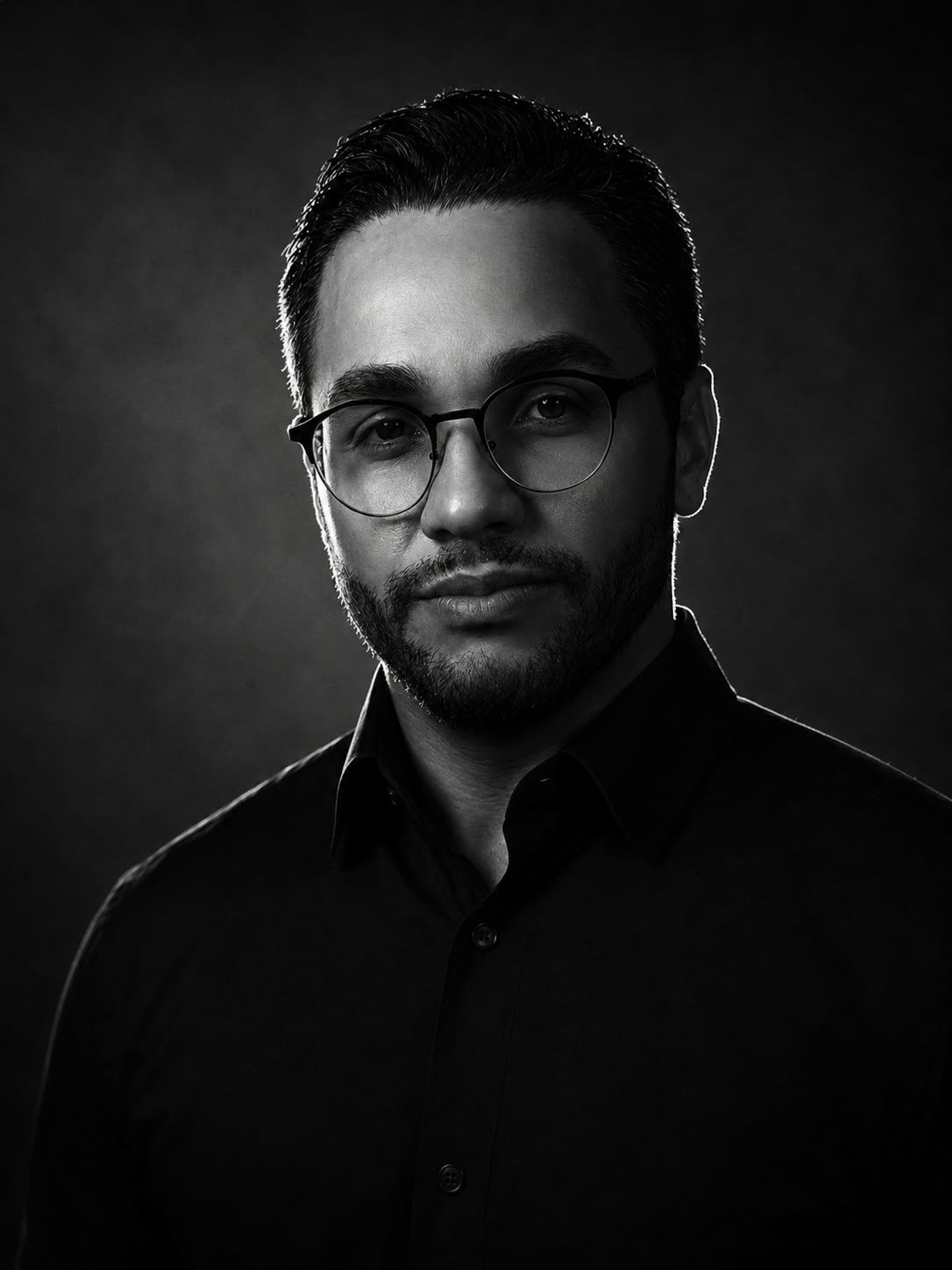 Retrato en blanco y negro de Samuel Rodrigues, expresión seria